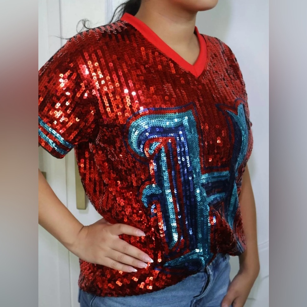Red Sequin V-Neck Top with Blue Details